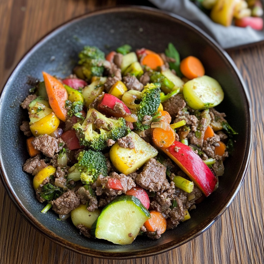 Recipe preparation for Spiced Beef and Root Veggie Skillet