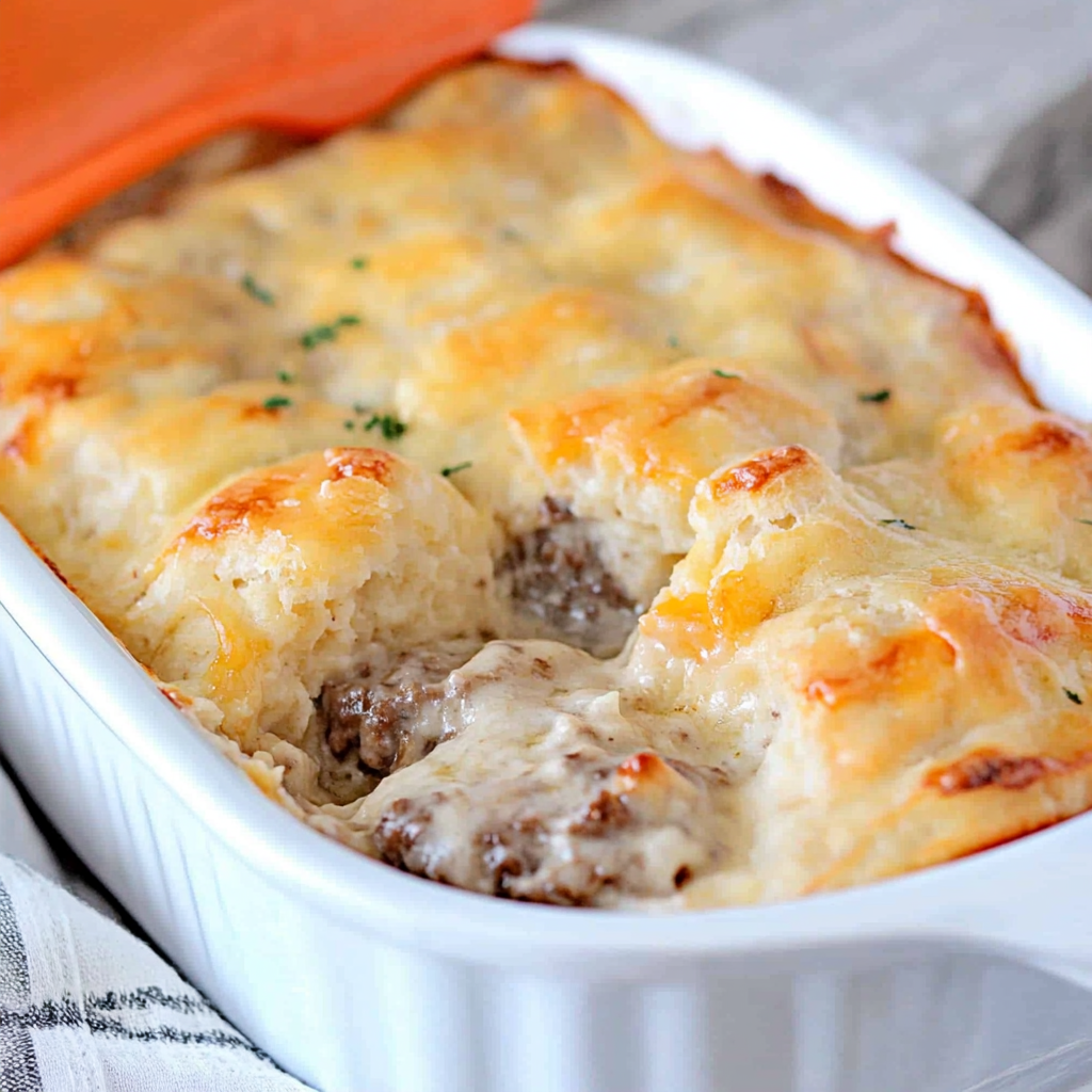 Recipe preparation for Biscuits and Gravy Casserole