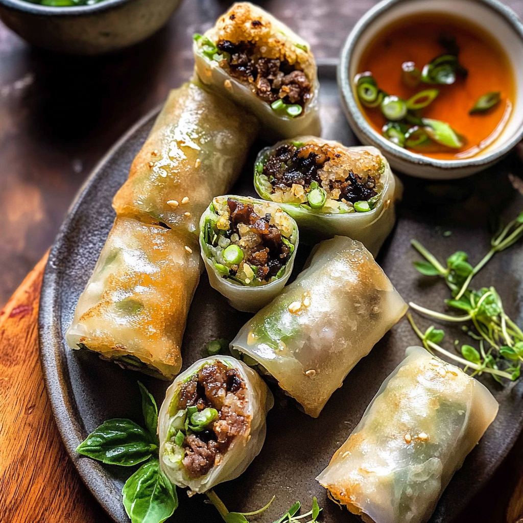 Recipe preparation for Thai Basil Beef Rolls