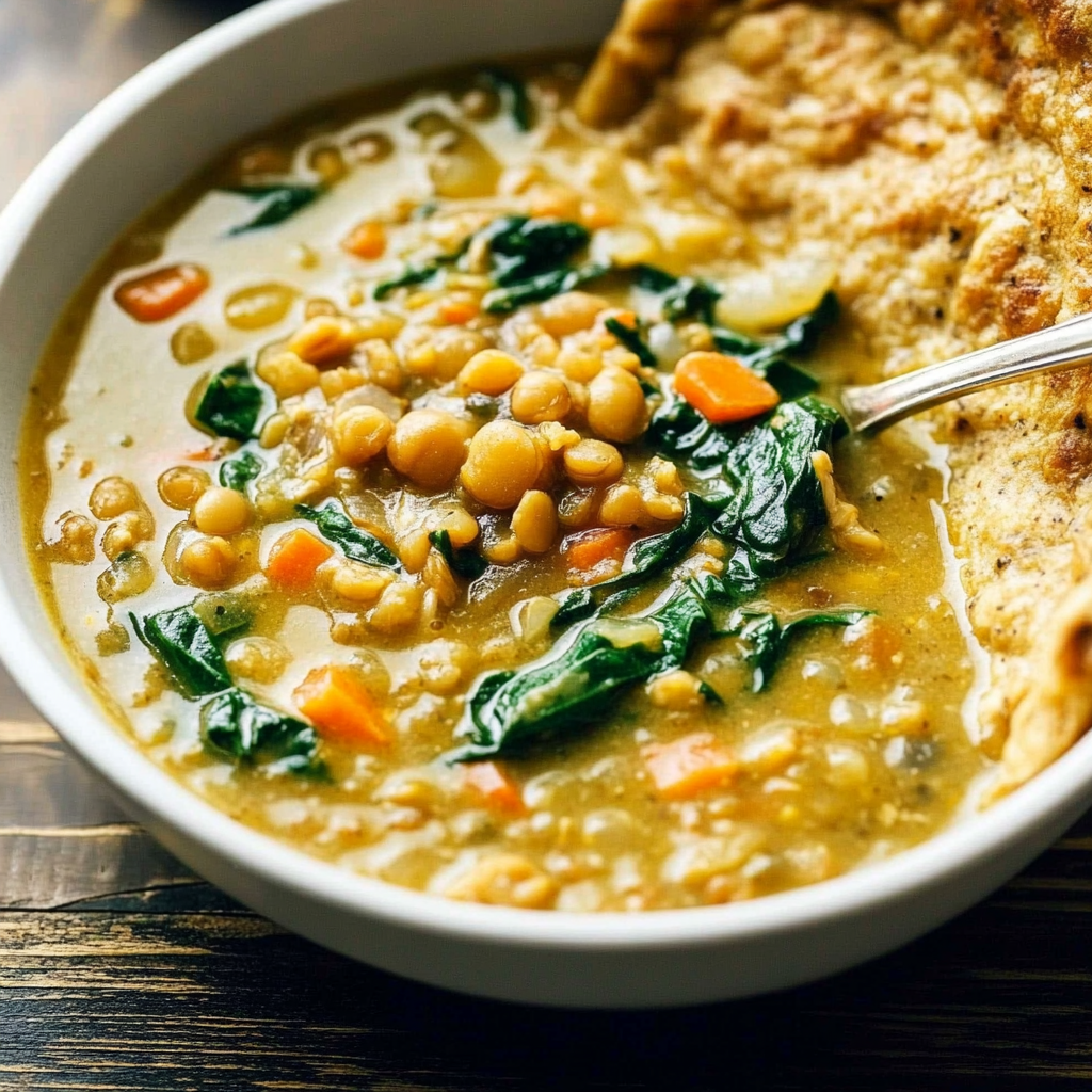 Recipe preparation for Savory Chicken & Spinach Lentil Soup