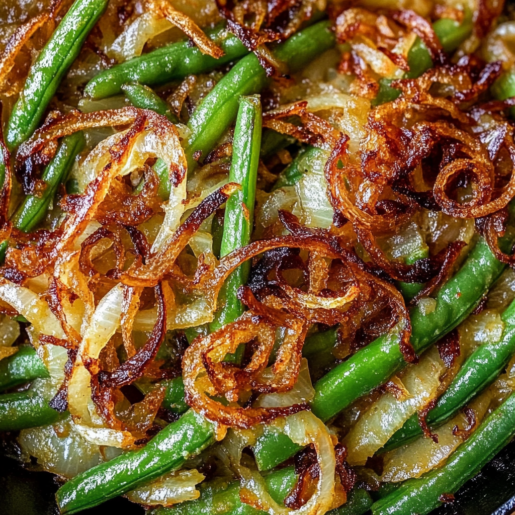 Recipe preparation for Caramelized Onion Green Bean Skillet