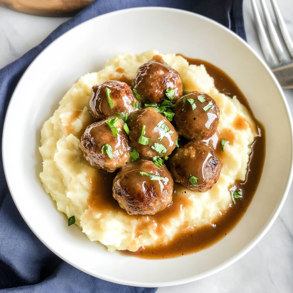 Recipe preparation for Salisbury Steak Meatballs with Garlic Herb Mashed Potatoes
