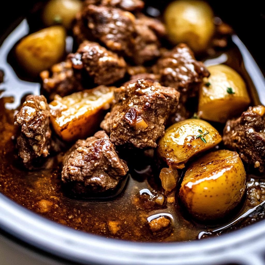 Recipe preparation for Slow-Cooker Garlic Butter Beef Bites with Potatoes