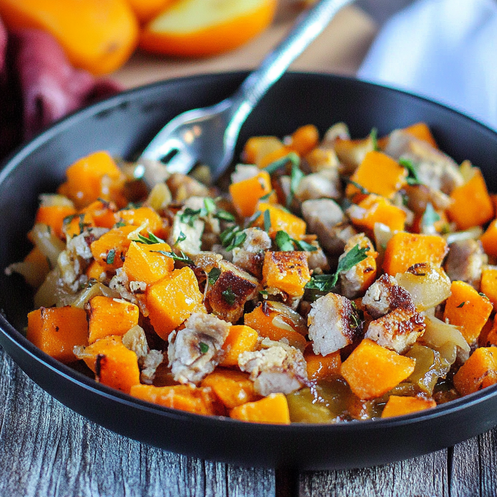Recipe preparation for Sweet Potato Onion Hash with Turkey Slices