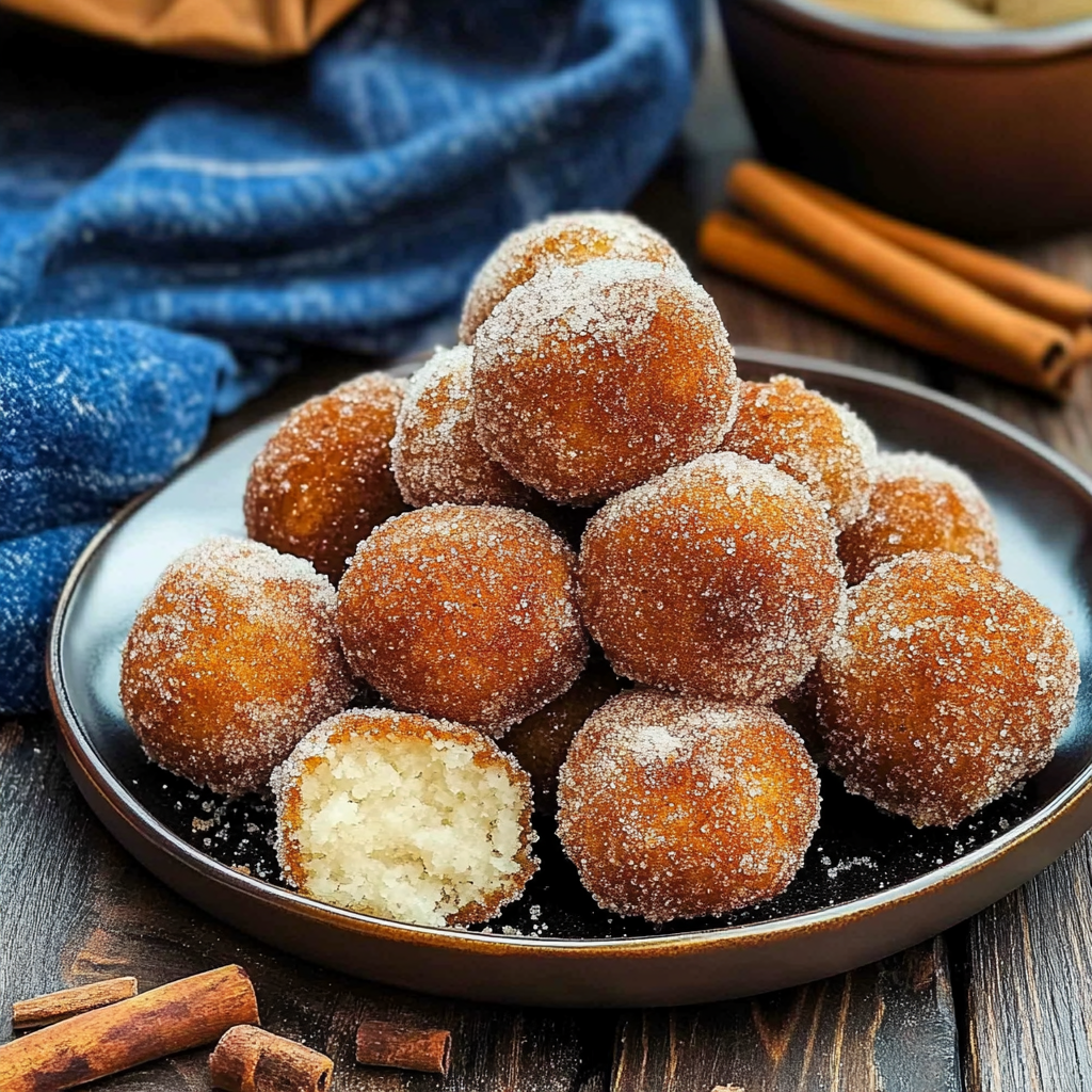 Recipe preparation for Cinnamon Sugar Snowball Donut Bites