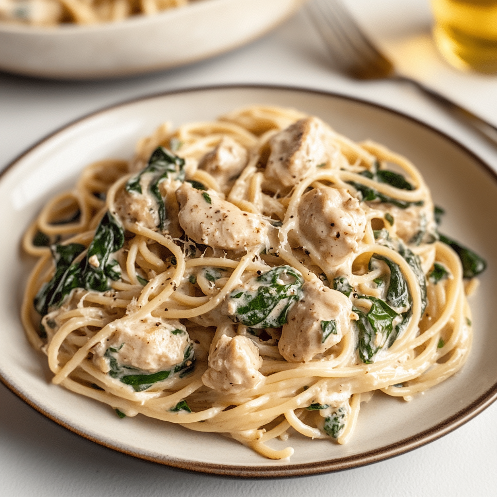 Recipe preparation for Creamy Greek Yogurt Chicken Pasta with Spinach