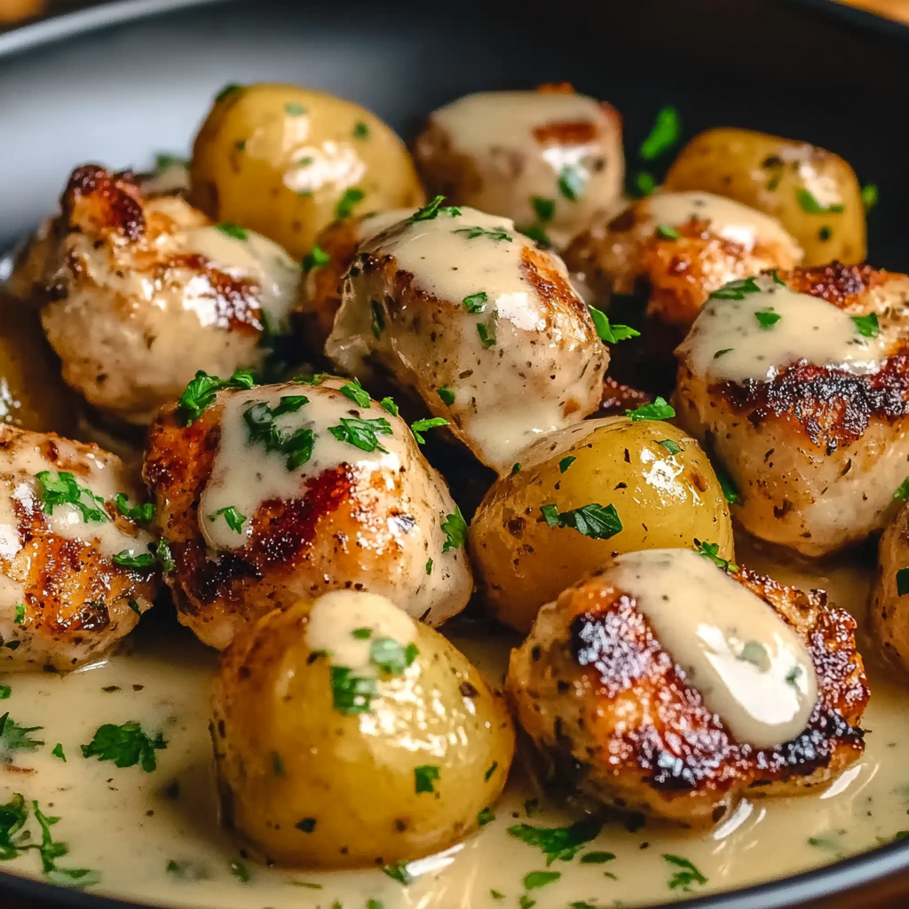 Recipe preparation for Garlic Butter Chicken Bites with Roasted Potatoes