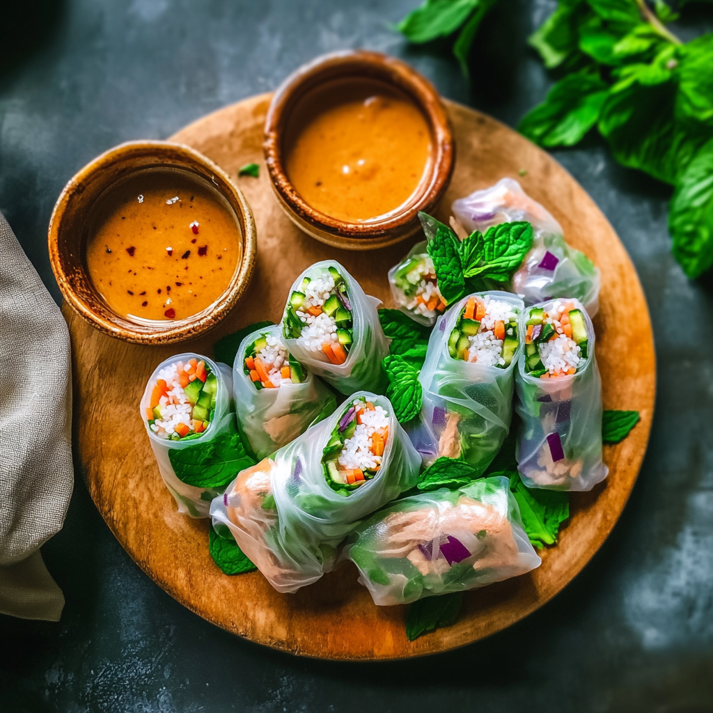 Recipe preparation for Cold Pork & Veggie Rice Paper Rolls with Peanut Sauce