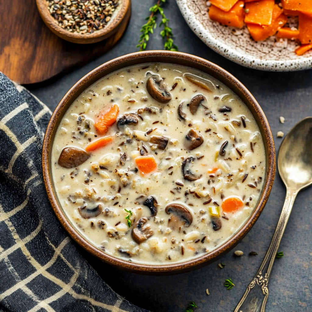 Recipe preparation for Cream of Mushroom & Wild Rice Soup with Parmesan