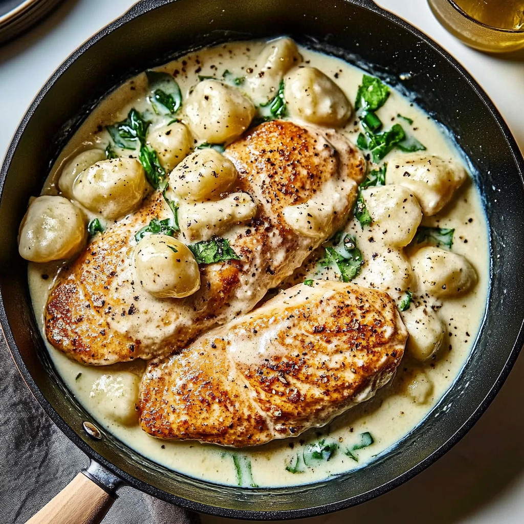 Recipe preparation for Creamy Chicken Gnocchi Skillet