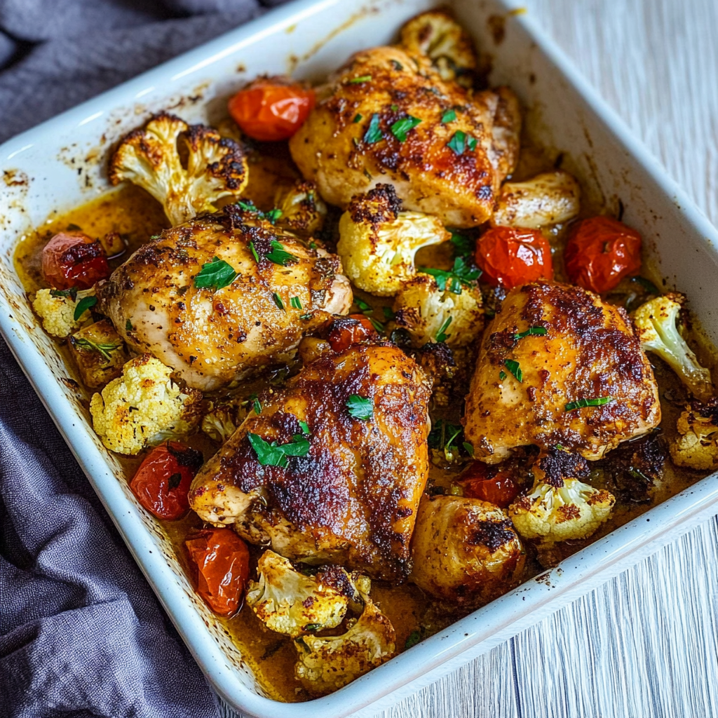 Recipe preparation for Olive Oil Garlic Chicken & Cauliflower Tray Bake