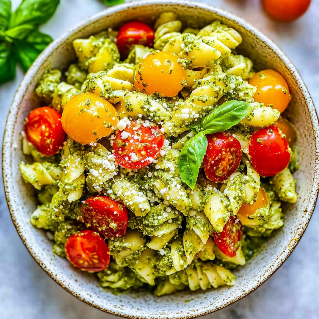 Recipe preparation for Cold Pesto Pasta Salad with Cherry Tomatoes