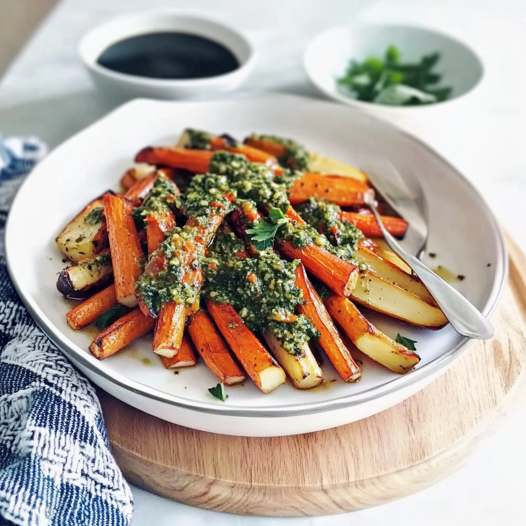 Recipe preparation for Winter Pesto Roasted Root Veggies