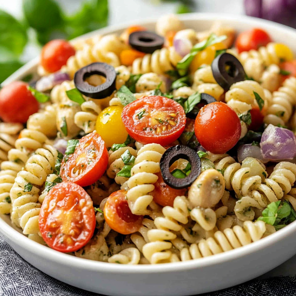 Recipe preparation for Christmas Veggie Pasta Salad with Italian Dressing