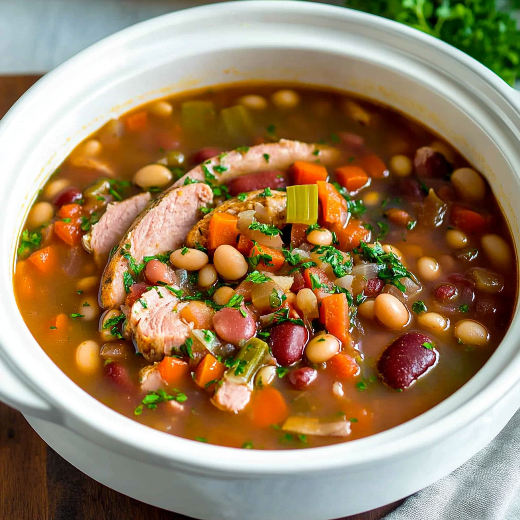 Recipe preparation for Ham and Bean Soup with Tomato Broth and Herbs