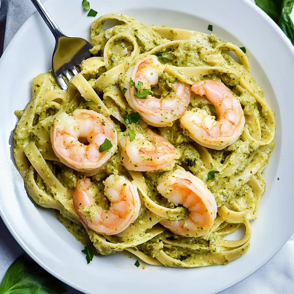 Recipe preparation for One-Pot Creamy Pesto Shrimp & Pasta