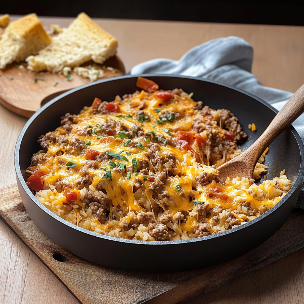 Recipe preparation for Cheesy Ground Beef Rice Skillet with Cheddar