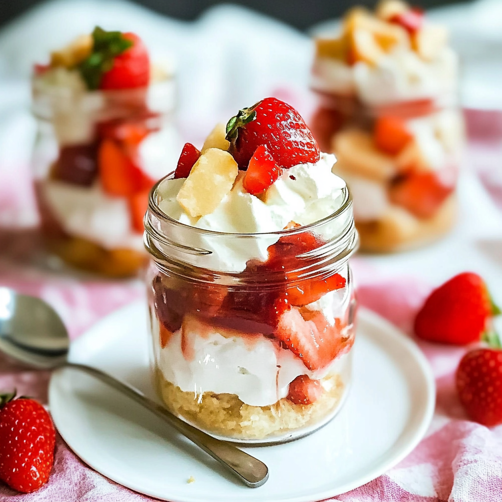 Recipe preparation for Angel Food Cake Strawberry Shortcake Jars