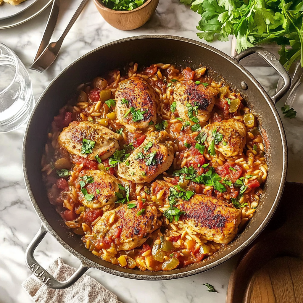 Recipe preparation for Cajun Chicken & Orzo One-Pot Meal