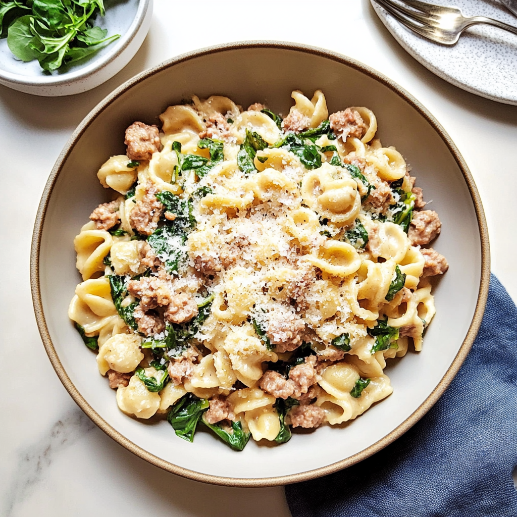 Recipe preparation for One-Pot Creamy Sausage & Spinach Pasta