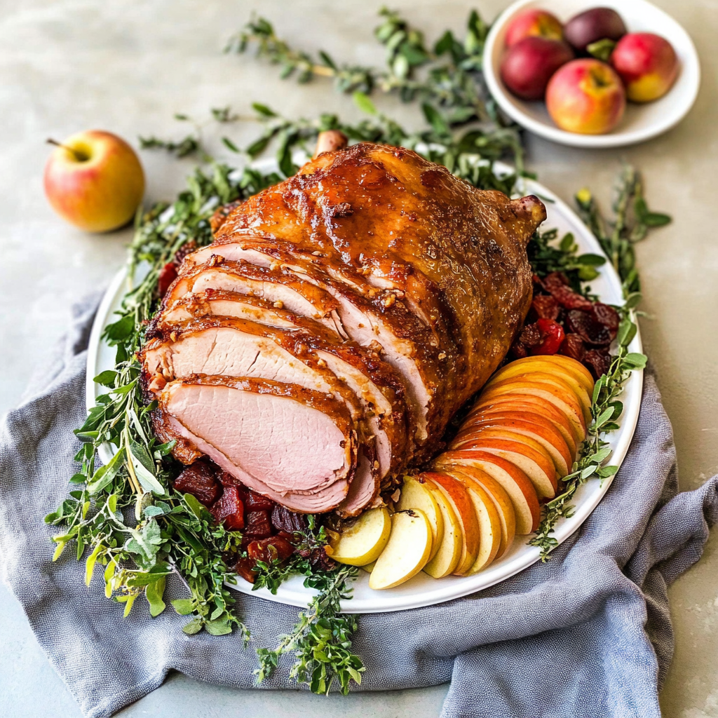 Recipe preparation for Honey Mustard Glazed Ham with Roasted Apples