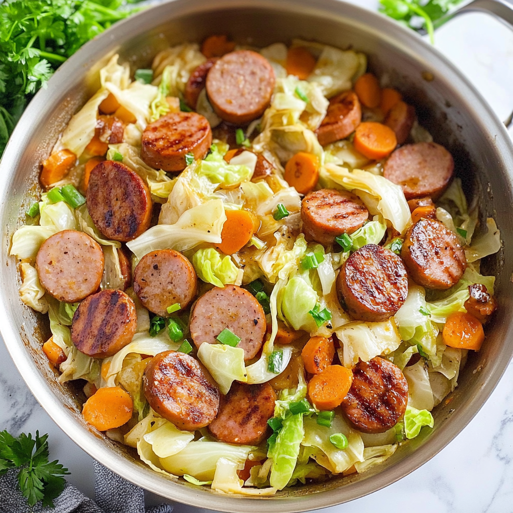 Recipe preparation for Cozy Kielbasa & Cabbage Skillet with Mustard Sauce