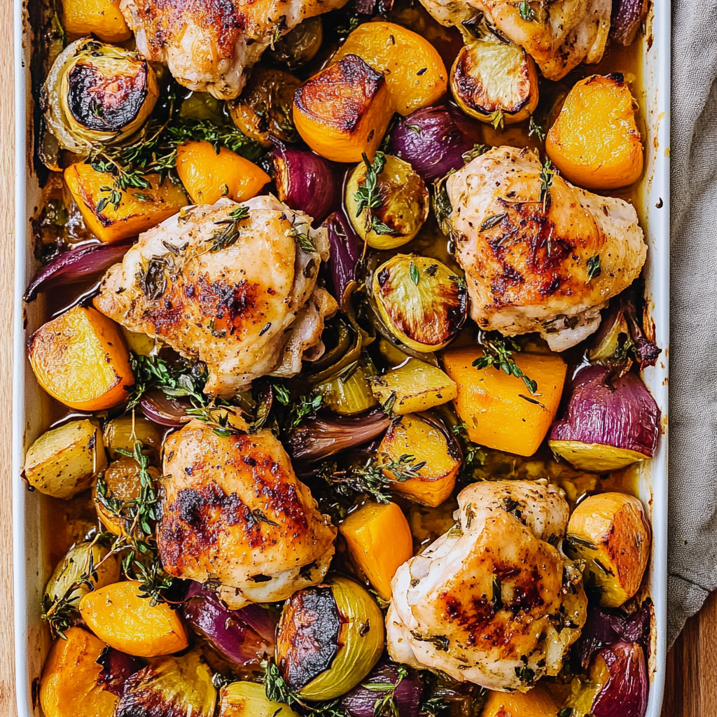 Recipe preparation for One-Pan Winter Chicken Thighs with Squash & Thyme