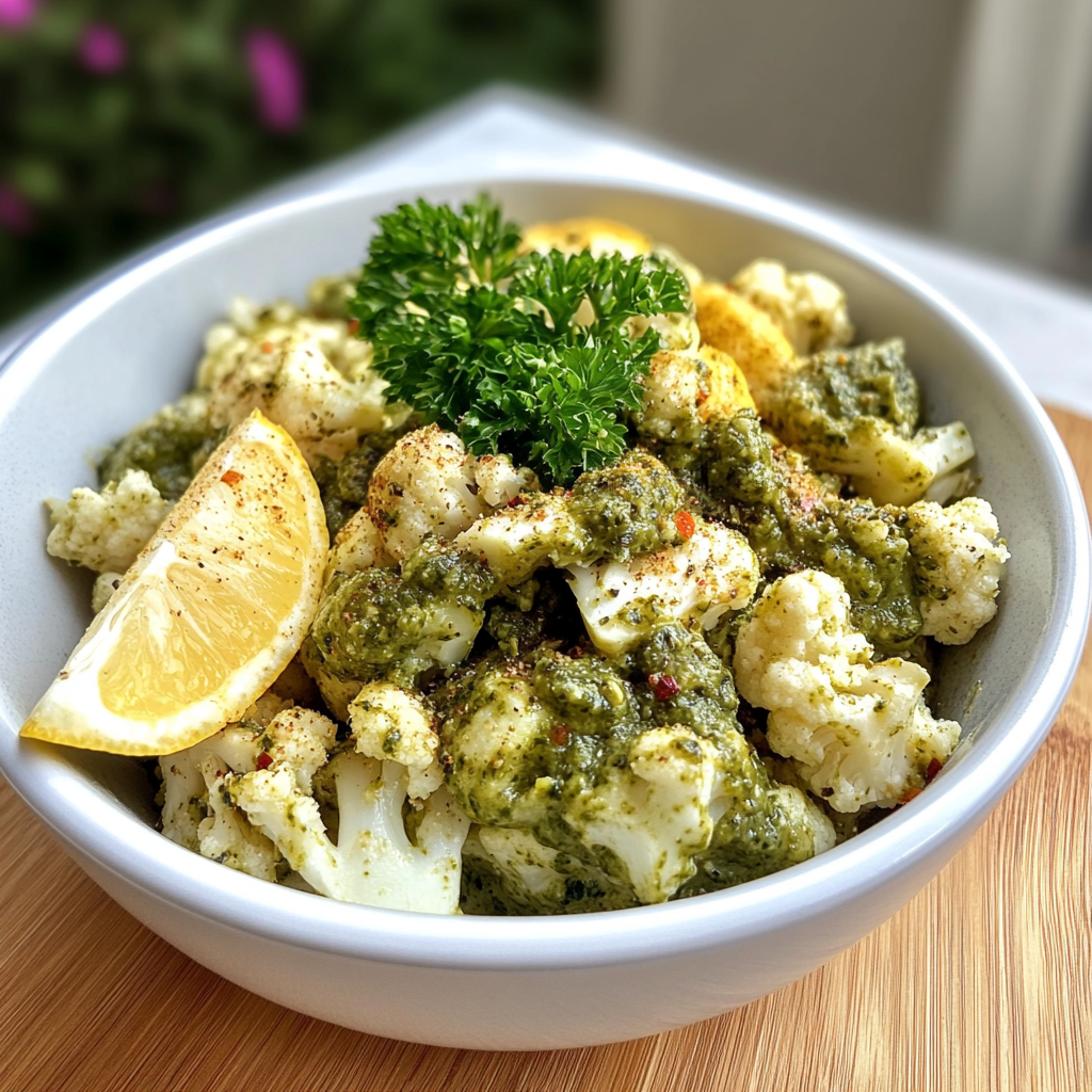 Recipe preparation for Healthy Cauliflower Pesto Bowl