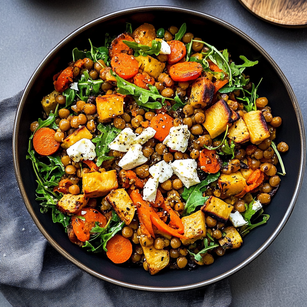 Recipe preparation for Warm Lentil Bowls with Roasted Carrots & Feta