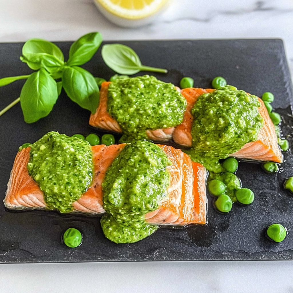 Recipe preparation for Salmon with Pea Pesto
