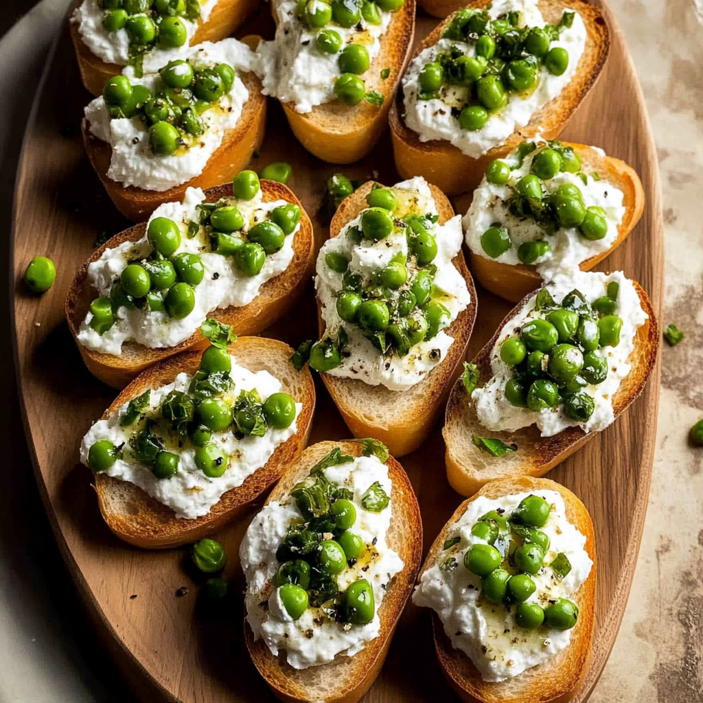 Recipe preparation for Pea & Ricotta Crostini with Prosciutto