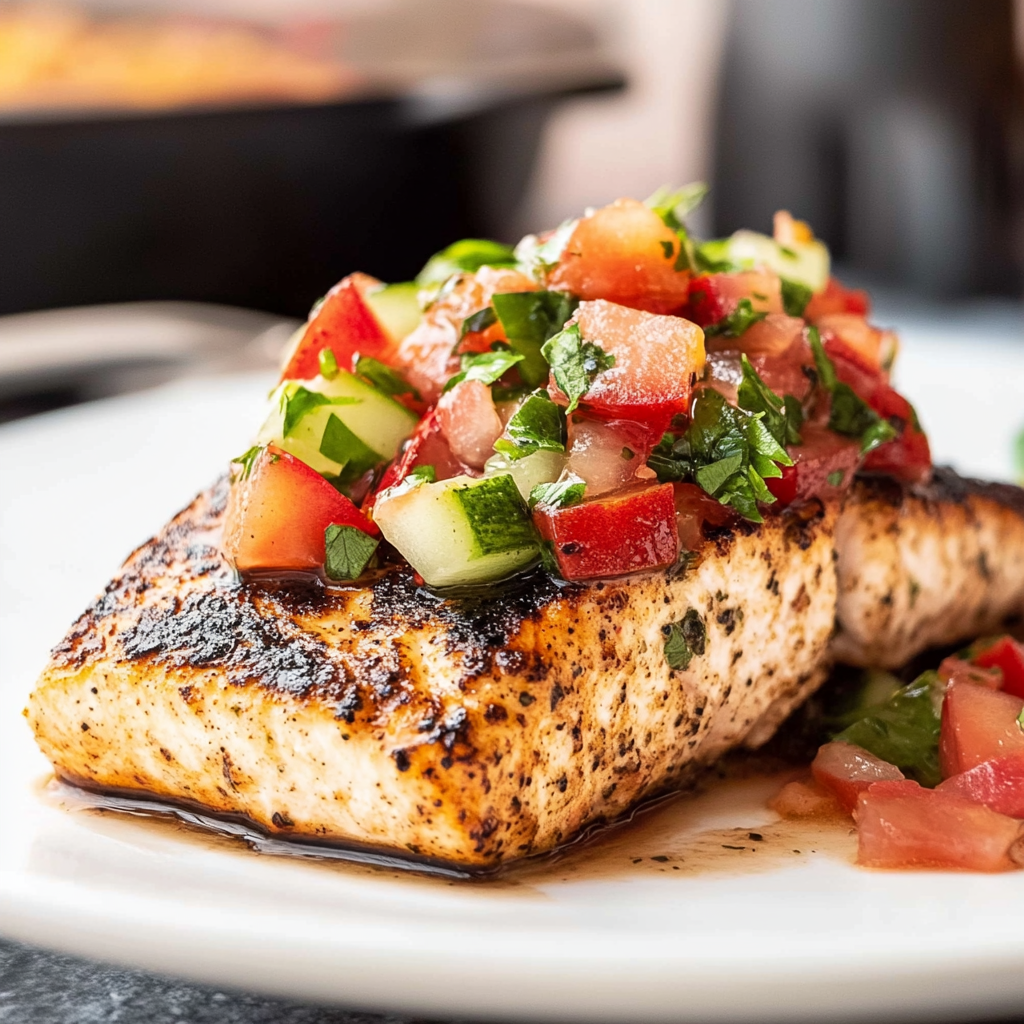 Recipe preparation for Pesto Grilled Salmon with Strawberry Cucumber Salsa