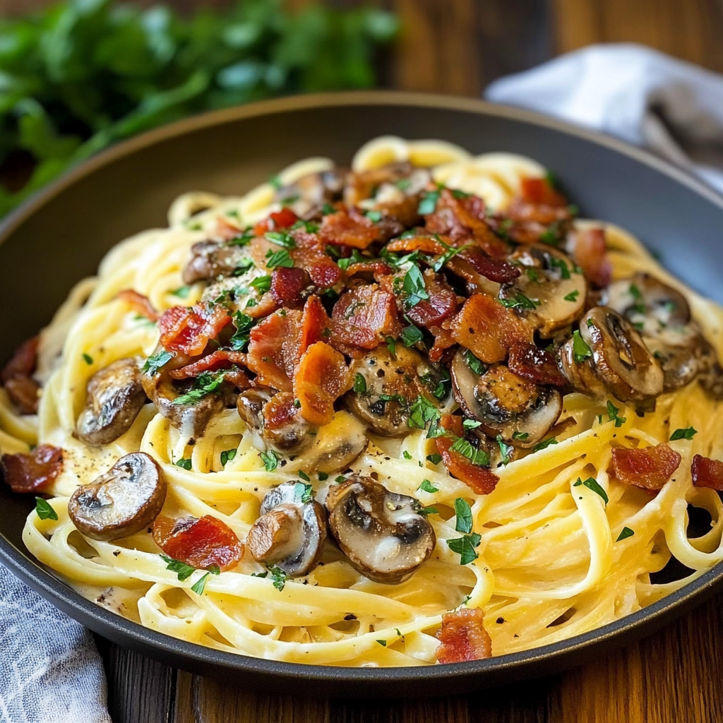 Recipe preparation for Creamy Mushroom & Bacon Linguine