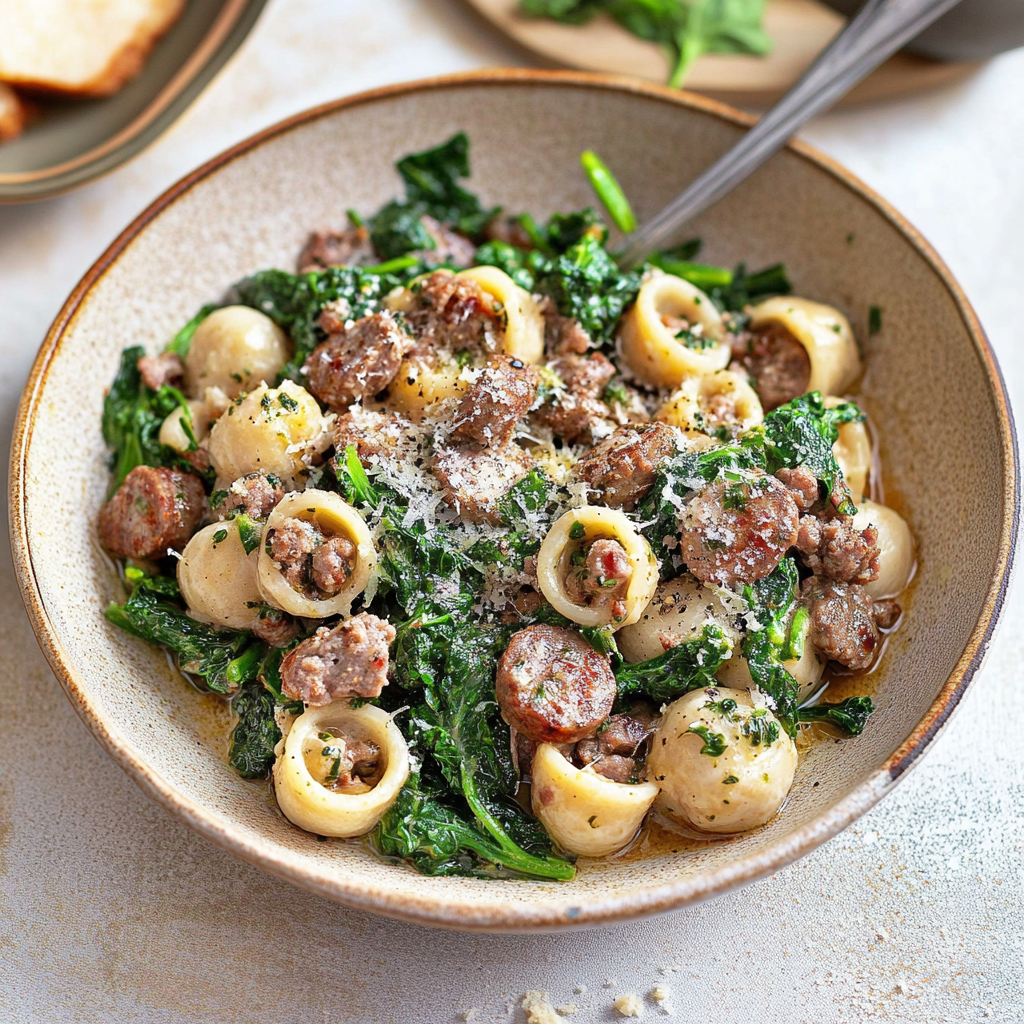 Recipe preparation for Creamy Sausage & Broccoli Rabe Skillet