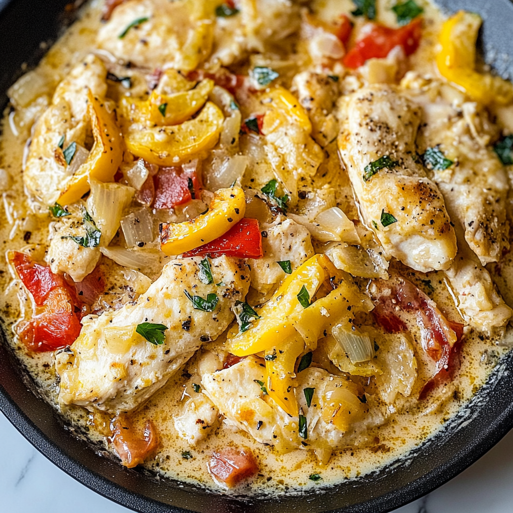 Recipe preparation for Creamy Pepperoncini Chicken Skillet