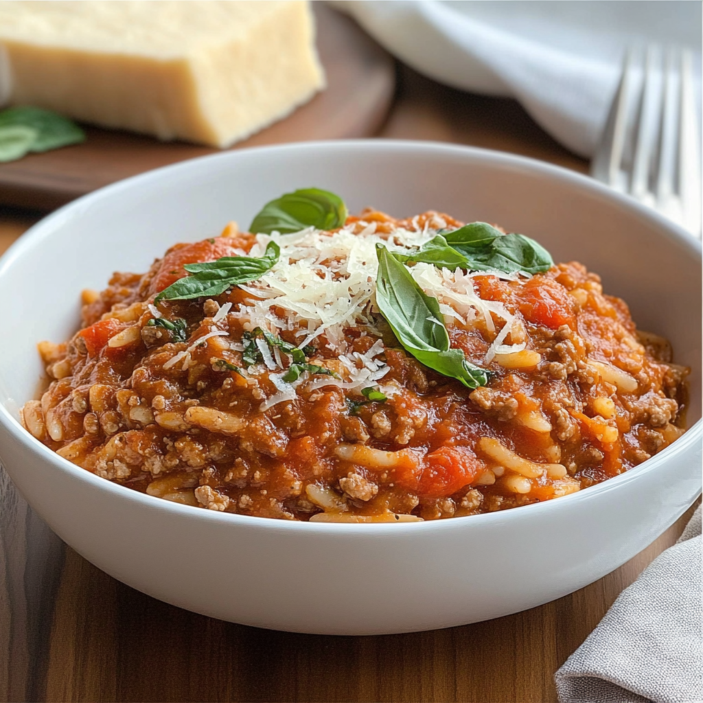 Recipe preparation for Creamy Tomato Sauce Ground Beef Orzo