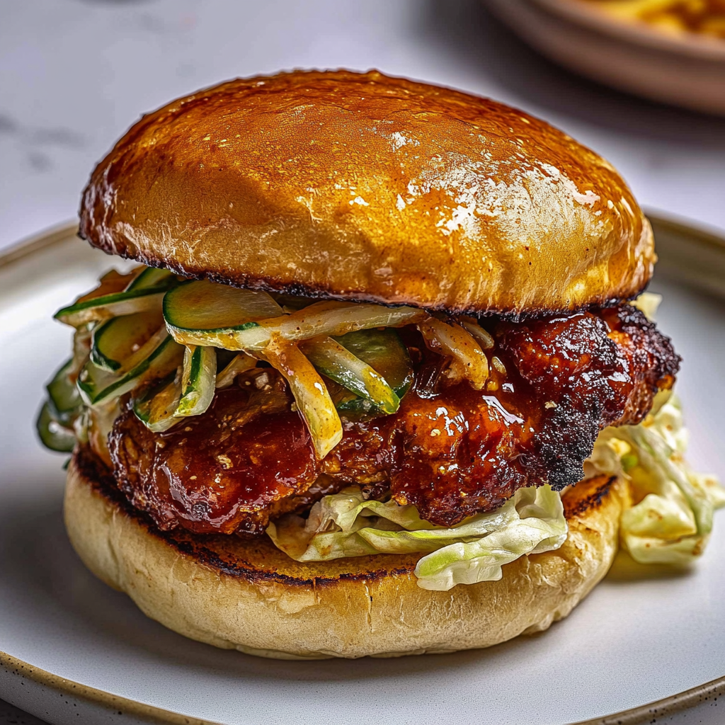 Recipe preparation for Spicy Korean BBQ Chicken Sandwich with Tangy Slaw