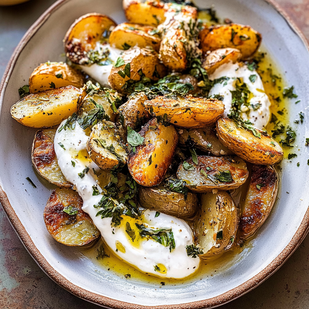Recipe preparation for Crispy Oregano Roasted Potatoes with Creamy Feta Sauce