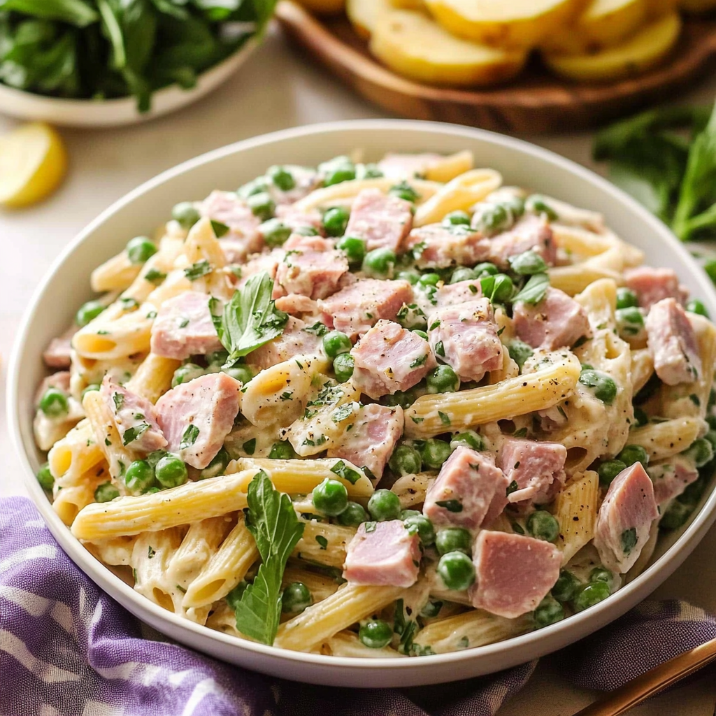 Recipe preparation for Herbed Easter Ham and Pea Pasta Salad