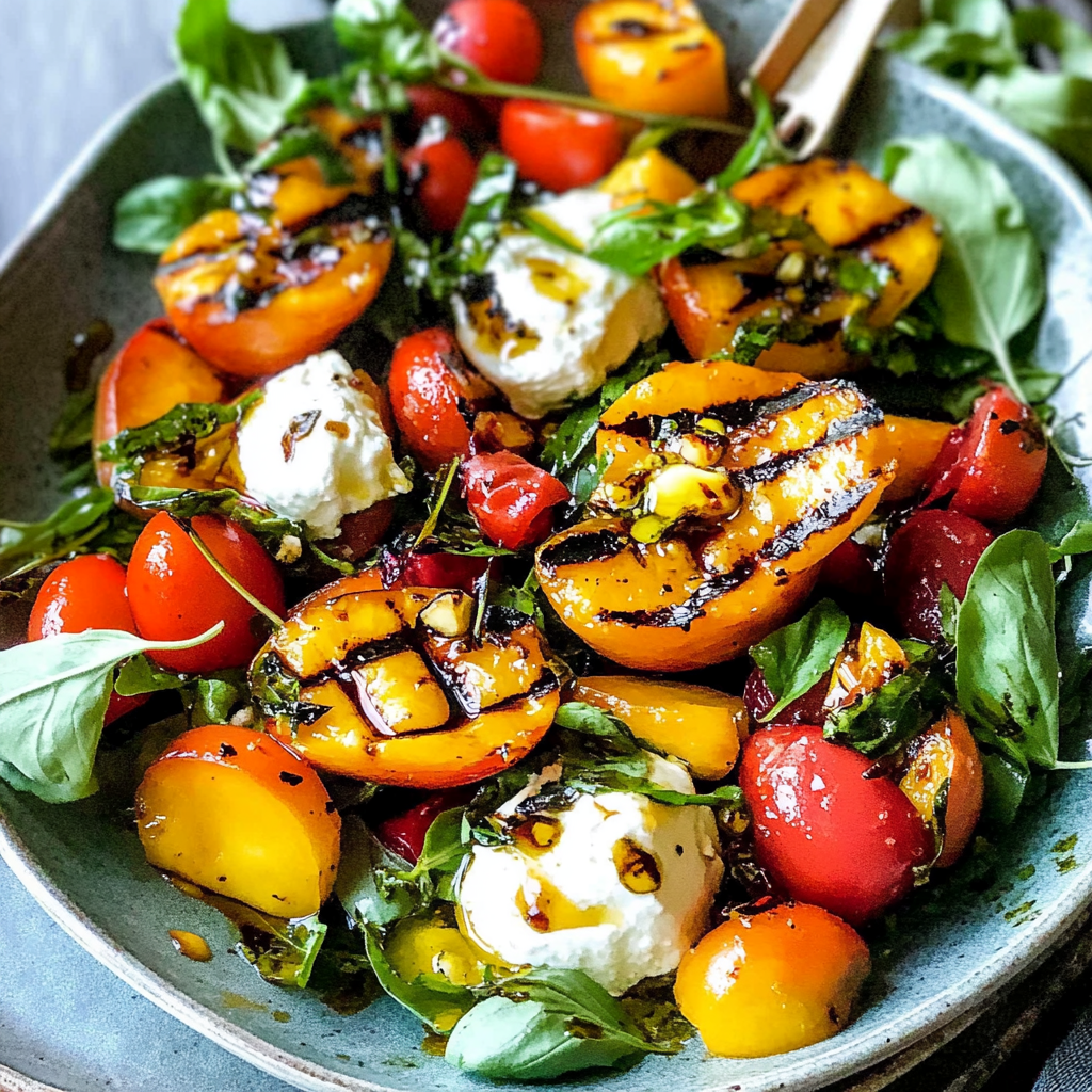 Recipe preparation for Grilled Peach and Burrata Salad