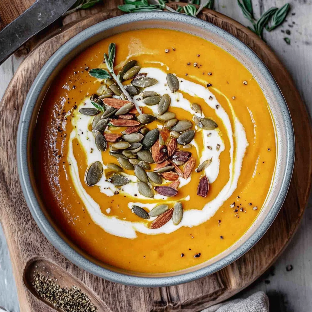 Recipe preparation for Roasted Pumpkin Carrot Soup with Sweet Potatoes