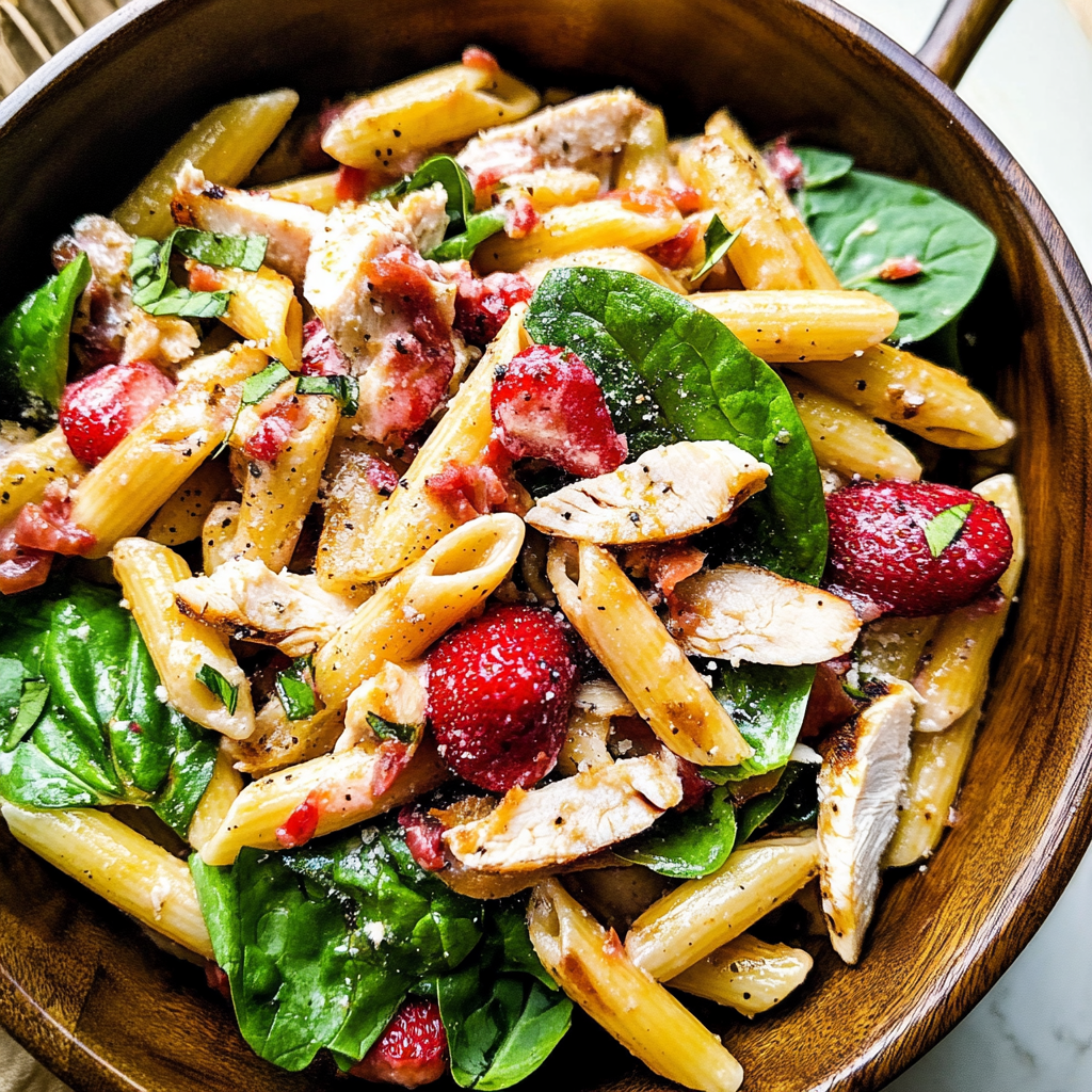 Recipe preparation for Strawberry Spinach Pasta with Chicken