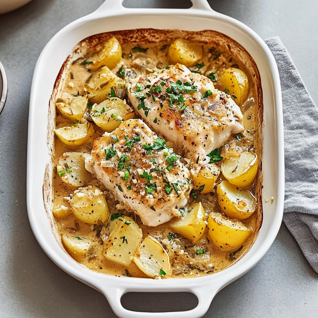 Recipe preparation for Garlic Butter Cod and Potatoes