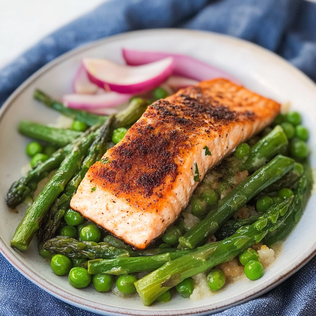 Recipe preparation for Spring Salmon Bowls with Asparagus and Peas