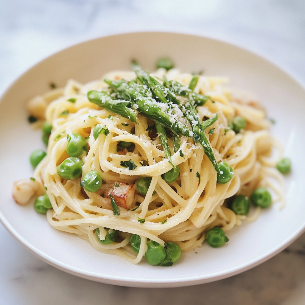 Recipe preparation for Spring Pasta Carbonara