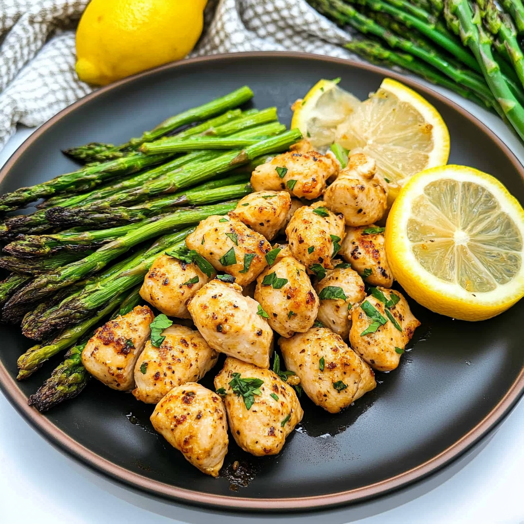 Recipe preparation for Garlic Butter Chicken Bites with Lemon Asparagus